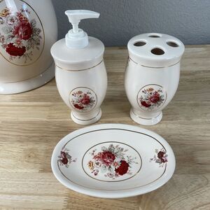 Vtg Waverly 3PC Vintage Rose Bathroom Set Soap Dispenser Dish Toothbrush Holder